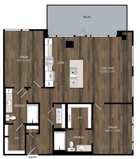 Floor plan for 2 beds, 2 baths, 1129 sqft